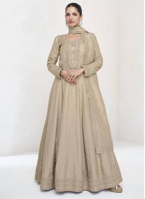 Beige premium silk embroidered anarkali suit 1