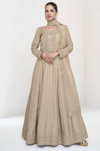 Beige premium silk embroidered anarkali suit
