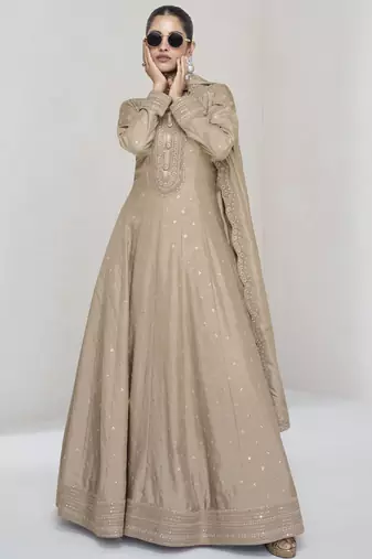 Beige premium silk embroidered anarkali suit