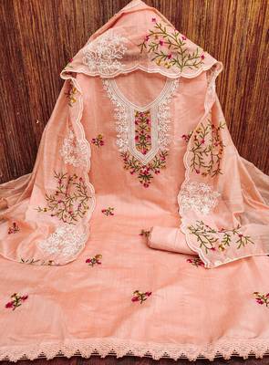 Zeepkart orange cotton embroidered unstitched dressmaterials 3 pair top bottom dupptaa 2