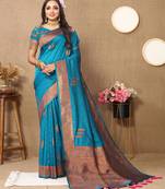 Blue soft silk with copper zari weawing saree with blouse