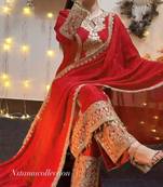 Women pure chinon silk printed with embroidery work kurti plazo and dupatta