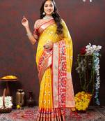 Yellow soft organza silk with meenakari weaving saree with blouse