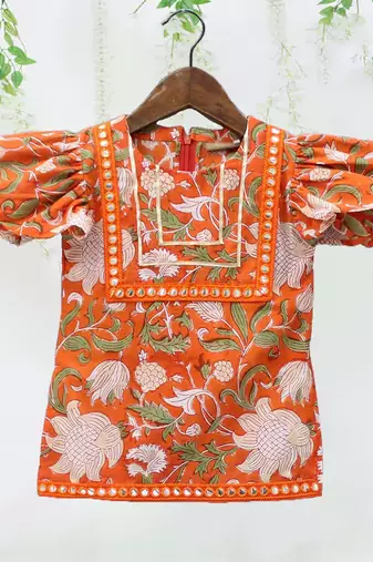 Orange mirror work kurti sharara set