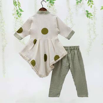white polka dot asymmetrical kurti with green striped pant 2