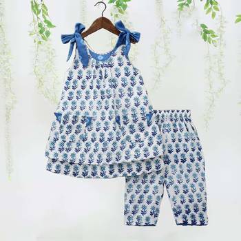 Sky color printed poly cotton layered tie up kurti and pant 1