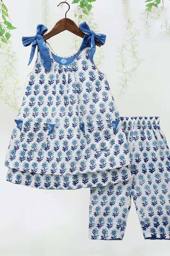 Sky color printed poly cotton layered tie up kurti and pant