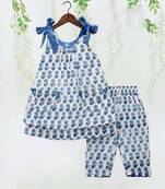 Sky color printed poly cotton layered tie up kurti and pant