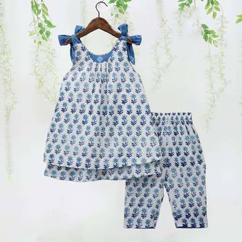 Sky color printed poly cotton layered tie up kurti and pant 2