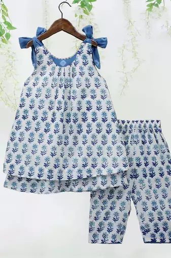 Sky color printed poly cotton layered tie up kurti and pant