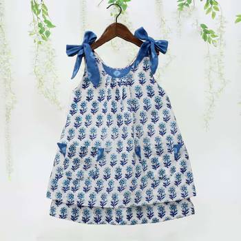 Sky color printed poly cotton layered tie up kurti and pant 3