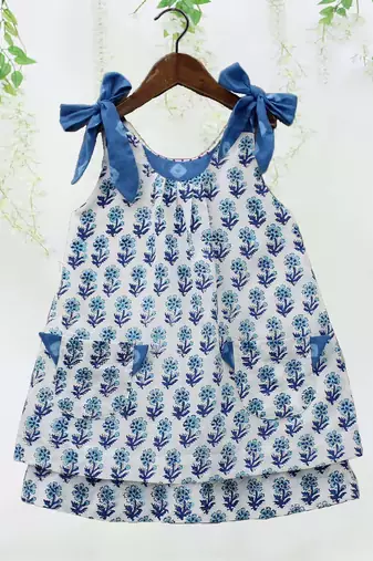 Sky color printed poly cotton layered tie up kurti and pant