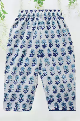 Sky color printed poly cotton layered tie up kurti and pant