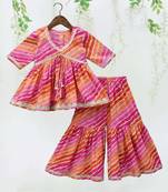 Multi color printed muslin angrakha style anarkali with sharara