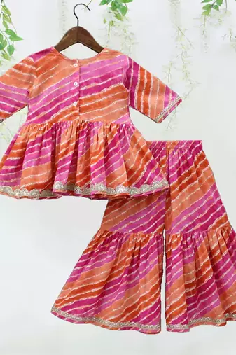 Multi color printed muslin angrakha style anarkali with sharara