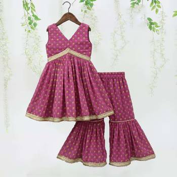 Pink color printed poly cotton angrakha style anarkali with sharara 1