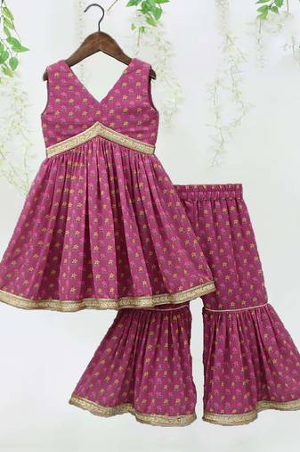 Pink color printed poly cotton angrakha style anarkali with sharara