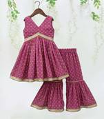 Pink color printed poly cotton angrakha style anarkali with sharara