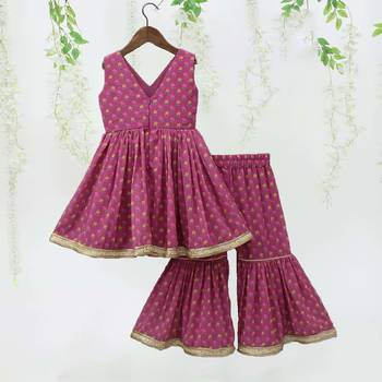 Pink color printed poly cotton angrakha style anarkali with sharara 2