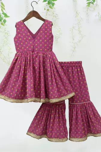 Pink color printed poly cotton angrakha style anarkali with sharara