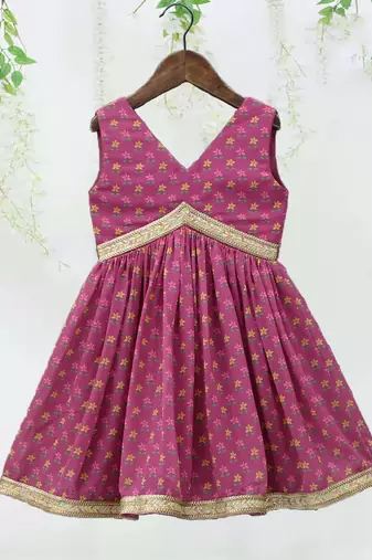 Pink color printed poly cotton angrakha style anarkali with sharara