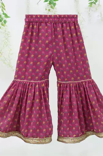 Pink color printed poly cotton angrakha style anarkali with sharara