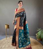 Black banarasi style Zikzak silk bland contuest pallu Border saree with Blouse