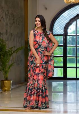 partywear designer green slime georgette fancy saree 1
