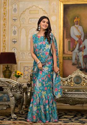 partywear designer teal slime georgette fancy saree 2