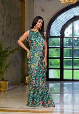 partywear designer green slime georgette fancy saree 2