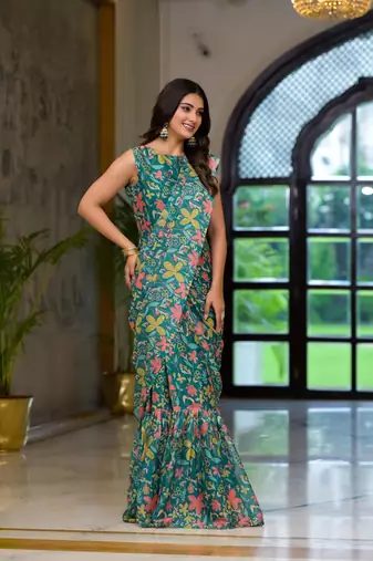 partywear designer green slime georgette fancy saree