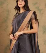 Navy blue organza dual toned shaded ombre banarasi woven saree with blouse piece