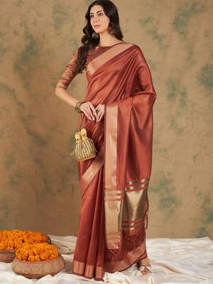 Rust orange organza dual  toned shaded ombre banarasi woven saree blouse piece 1