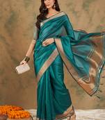 Teal organza dual  toned shaded ombre banarasi woven saree with blouse piece