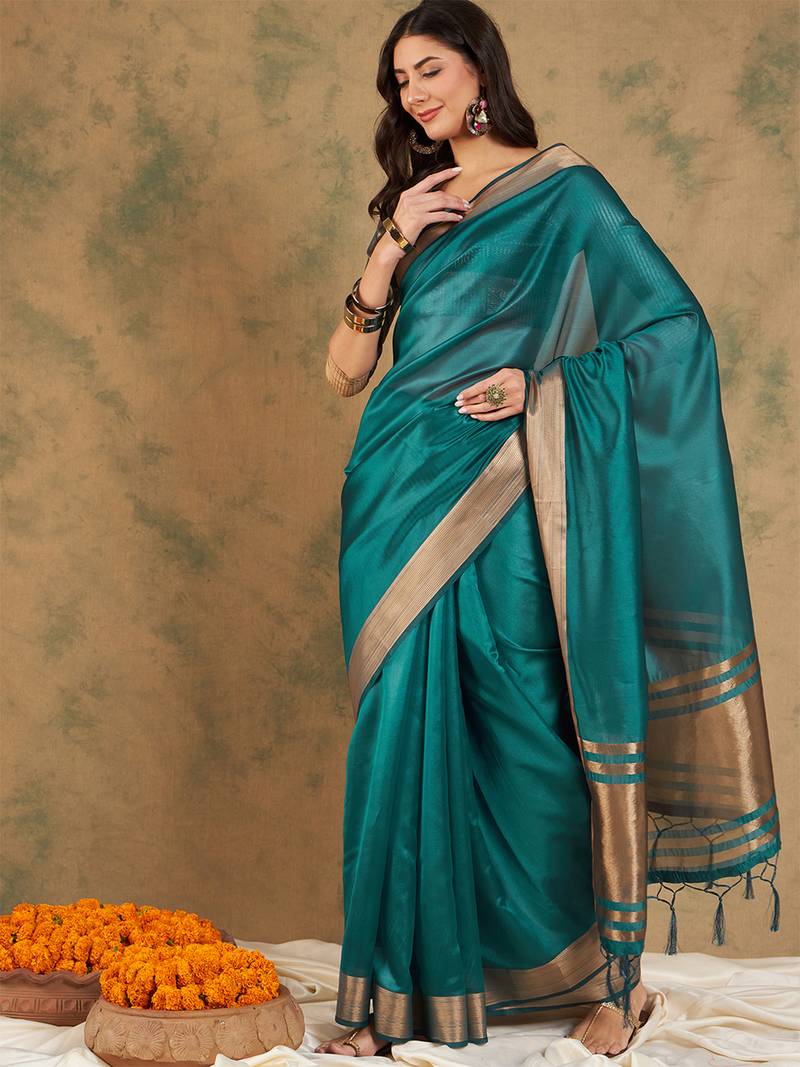 Teal organza dual  toned shaded ombre banarasi woven saree with blouse piece