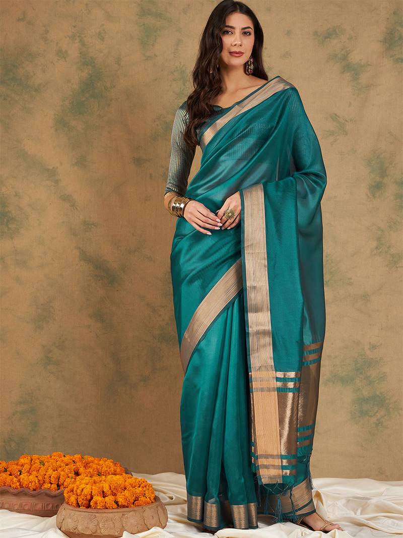Teal organza dual  toned shaded ombre banarasi woven saree with blouse piece