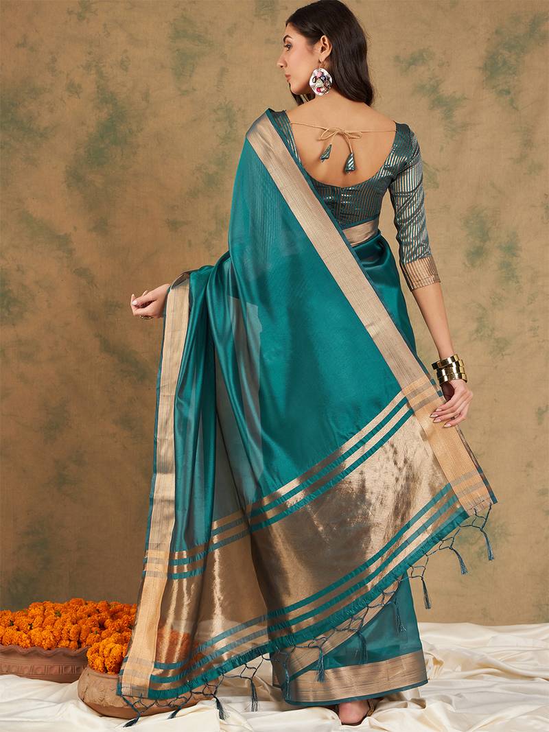 Teal organza dual  toned shaded ombre banarasi woven saree with blouse piece