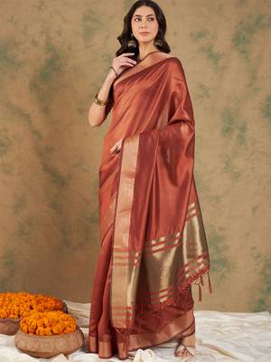 Rust orange organza dual  toned shaded ombre banarasi woven saree blouse piece 2