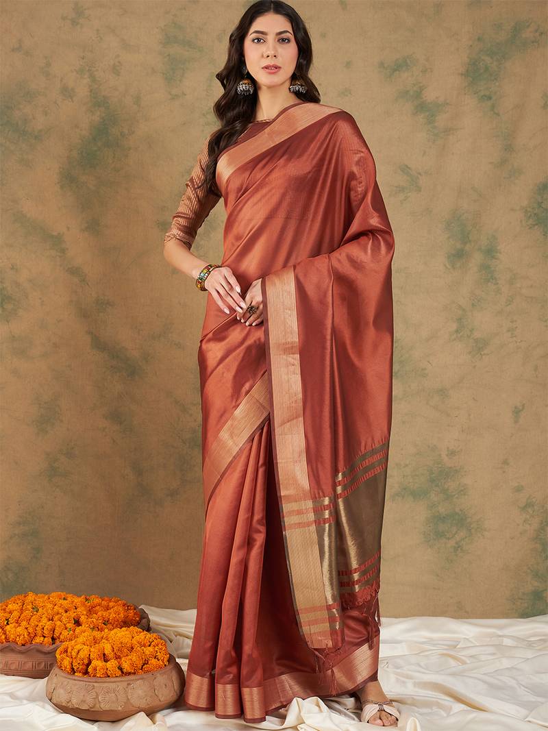 Rust orange organza dual  toned shaded ombre banarasi woven saree blouse piece