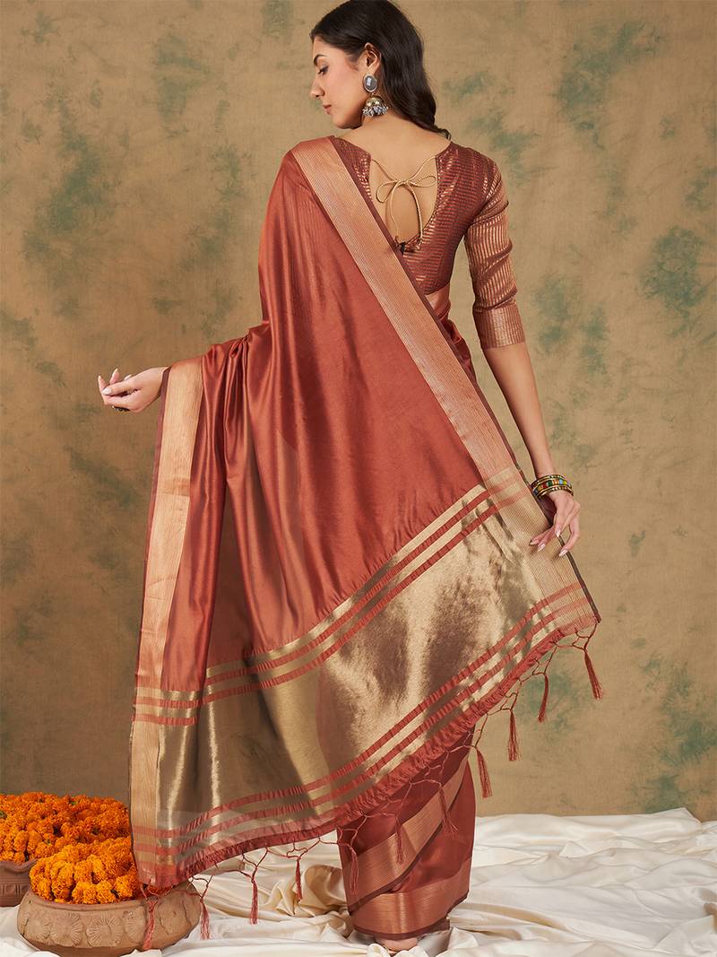 Rust orange organza dual  toned shaded ombre banarasi woven saree blouse piece