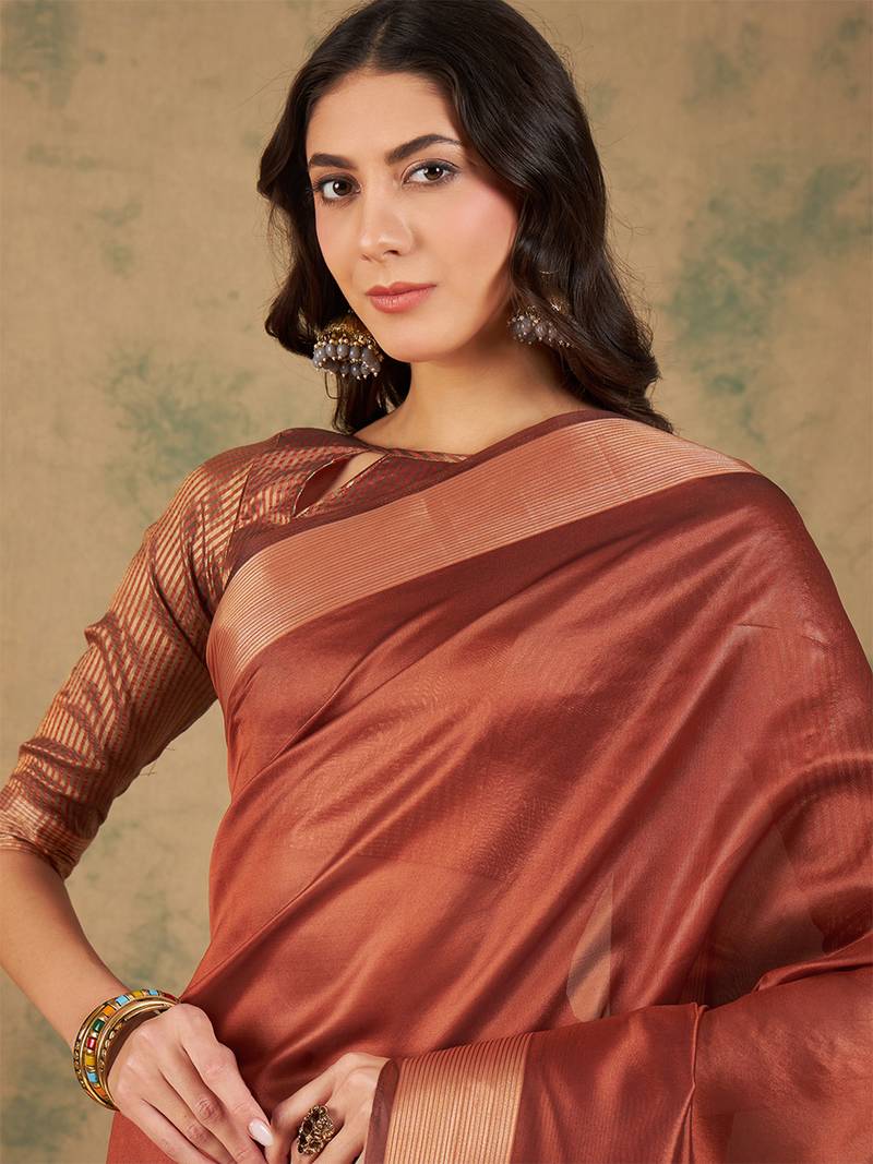 Rust orange organza dual  toned shaded ombre banarasi woven saree blouse piece