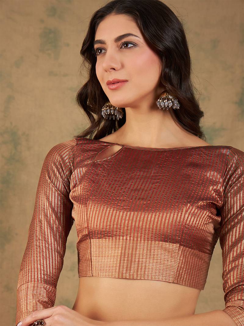 Rust orange organza dual  toned shaded ombre banarasi woven saree blouse piece