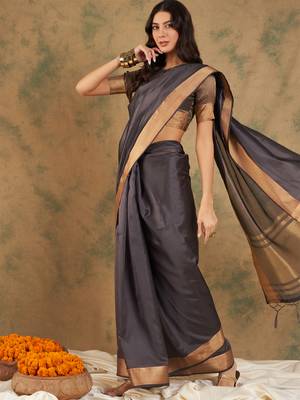 Navy blue organza dual toned shaded ombre banarasi woven saree with blouse piece 2