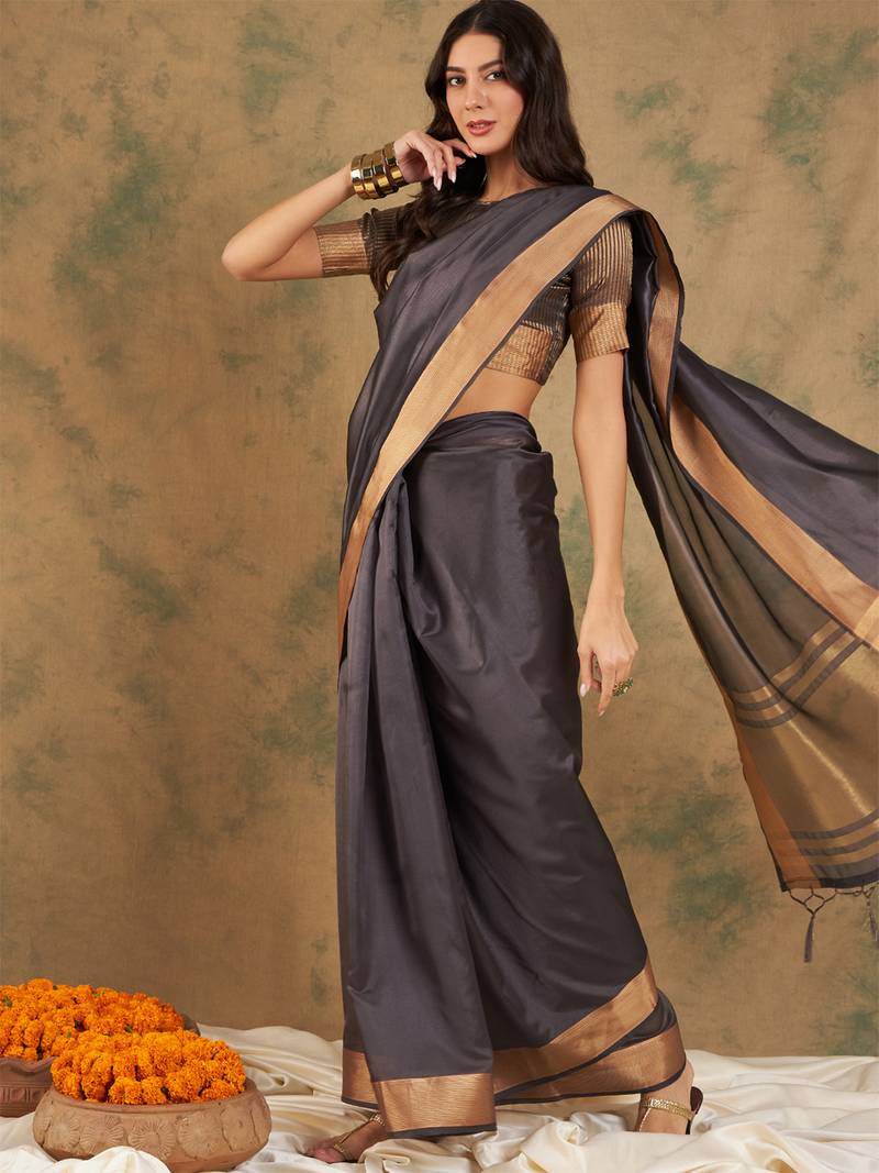 Navy blue organza dual toned shaded ombre banarasi woven saree with blouse piece