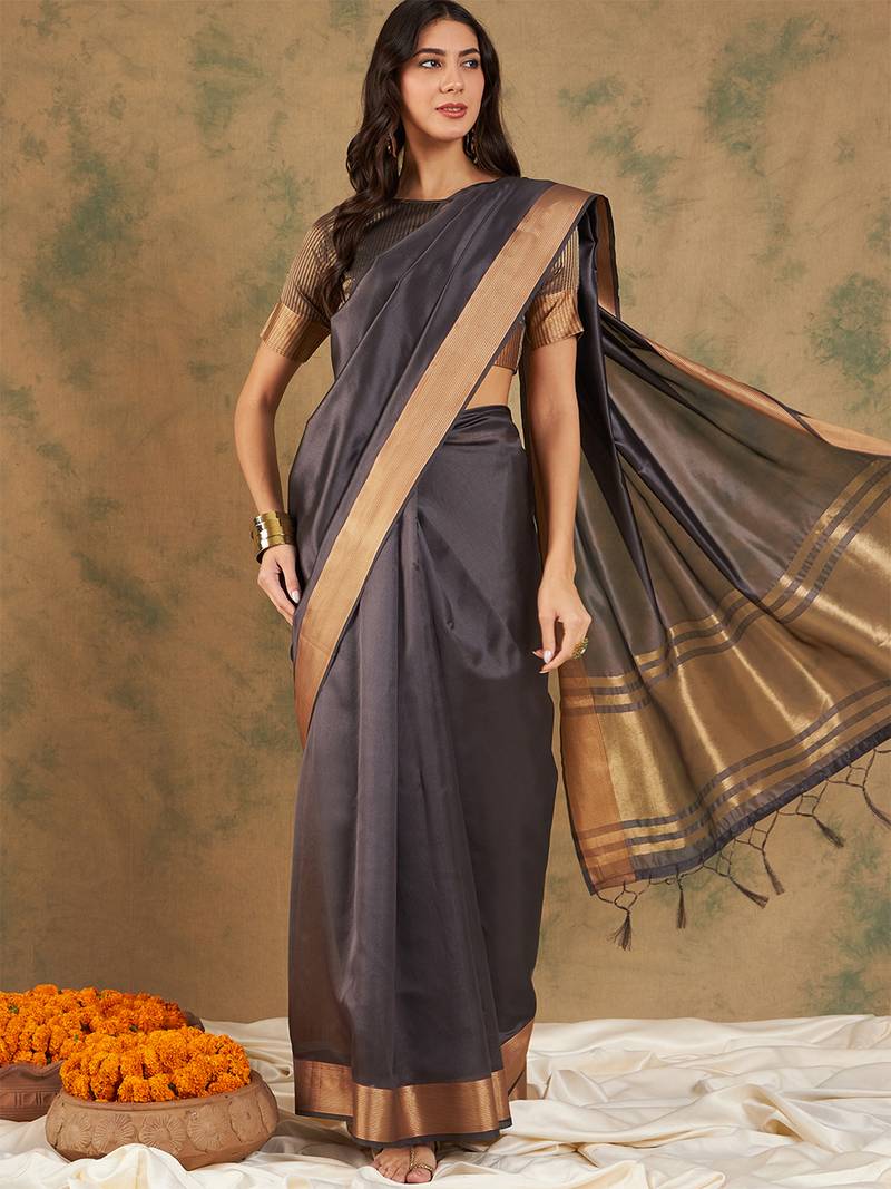 Navy blue organza dual toned shaded ombre banarasi woven saree with blouse piece