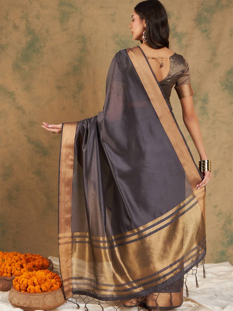 Navy blue organza dual toned shaded ombre banarasi woven saree with blouse piece