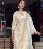 White Chanderi Silk Kurta Set with Intricate Coding Work and Jacquard Dupatta