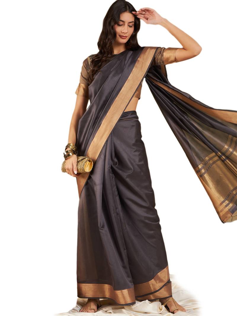 Navy blue organza dual toned shaded ombre banarasi woven saree with blouse piece