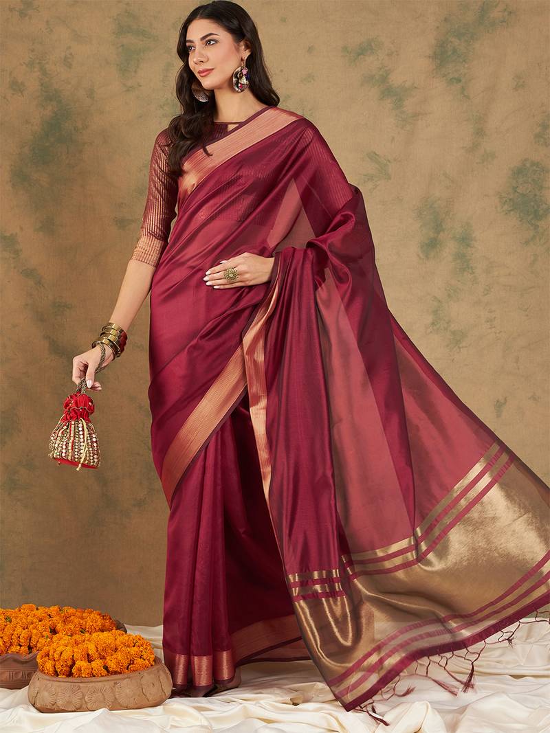 Maroon organza dual  toned shaded ombre banarasi woven saree with blouse piece
