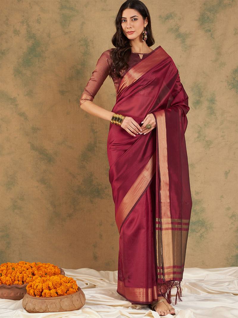 Maroon organza dual  toned shaded ombre banarasi woven saree with blouse piece